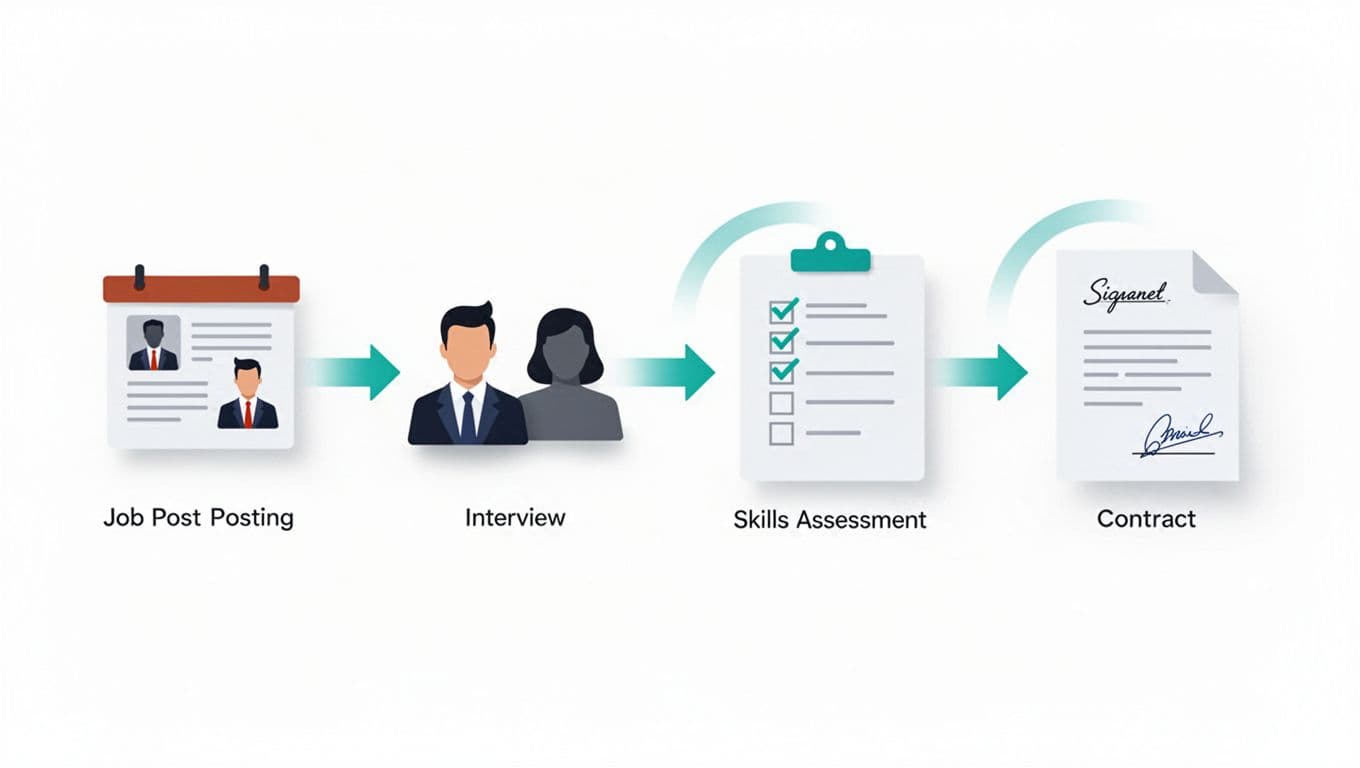 Modern illustration showing a step-by-step hiring process flowchart for an application security consultant, with icons for job post, interviews, skills assessment, and contract signing. Features clean shapes, #22C55E accents on arrows and icons, simple composition on white background, no people, text, logos, or watermarks.
