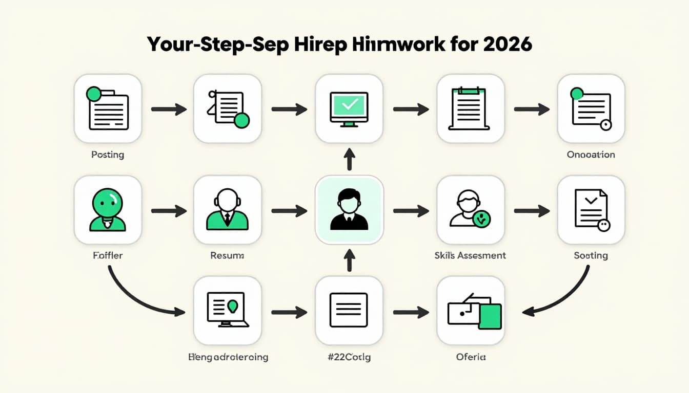 Modern clean line art illustration of a horizontal step-by-step hiring process flowchart with symbolic icons for job posting, resume screening, technical interview, skills assessment, offer negotiation, and onboarding, connected by arrows highlighted in #22C55E on a light background.
