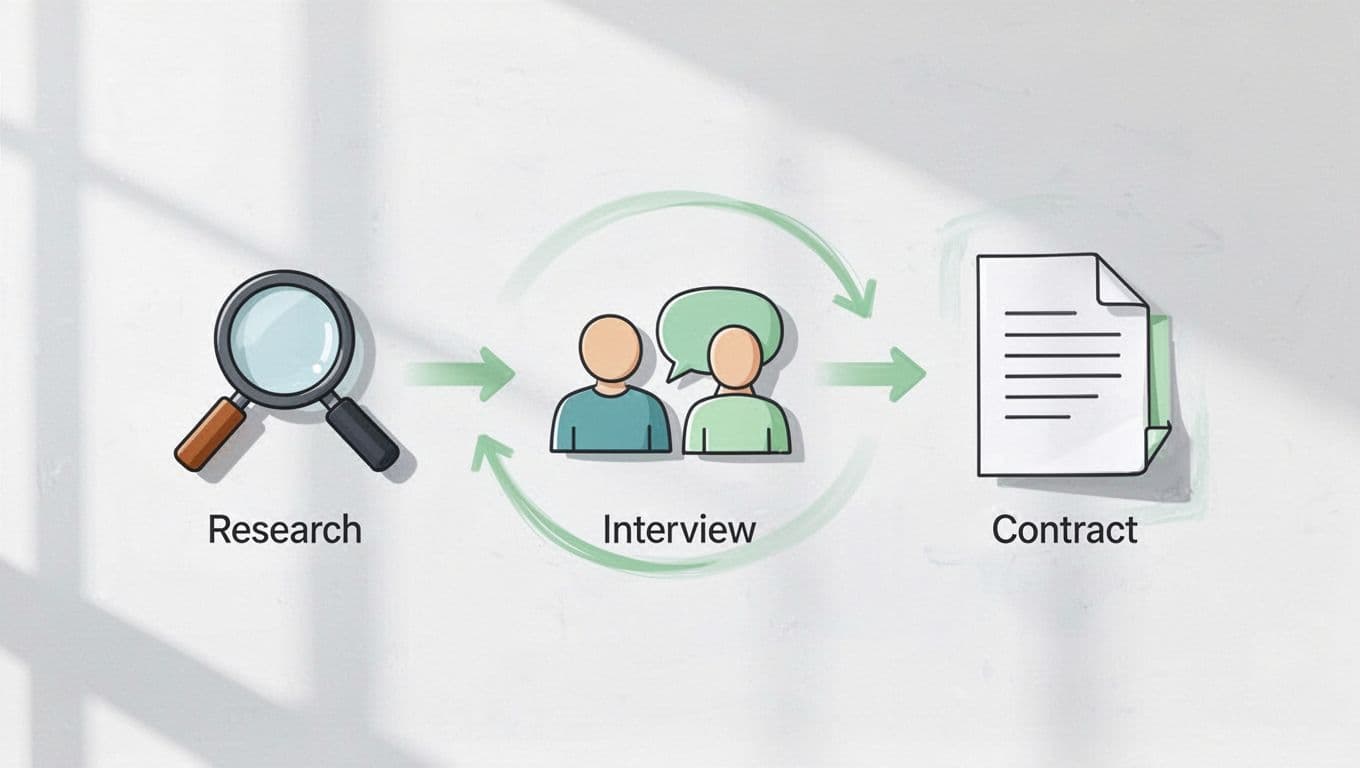 Modern illustration of a step-by-step hiring process flowchart on a whiteboard background, featuring clean icons for research, interview, and contract stages connected by green-accented arrows.