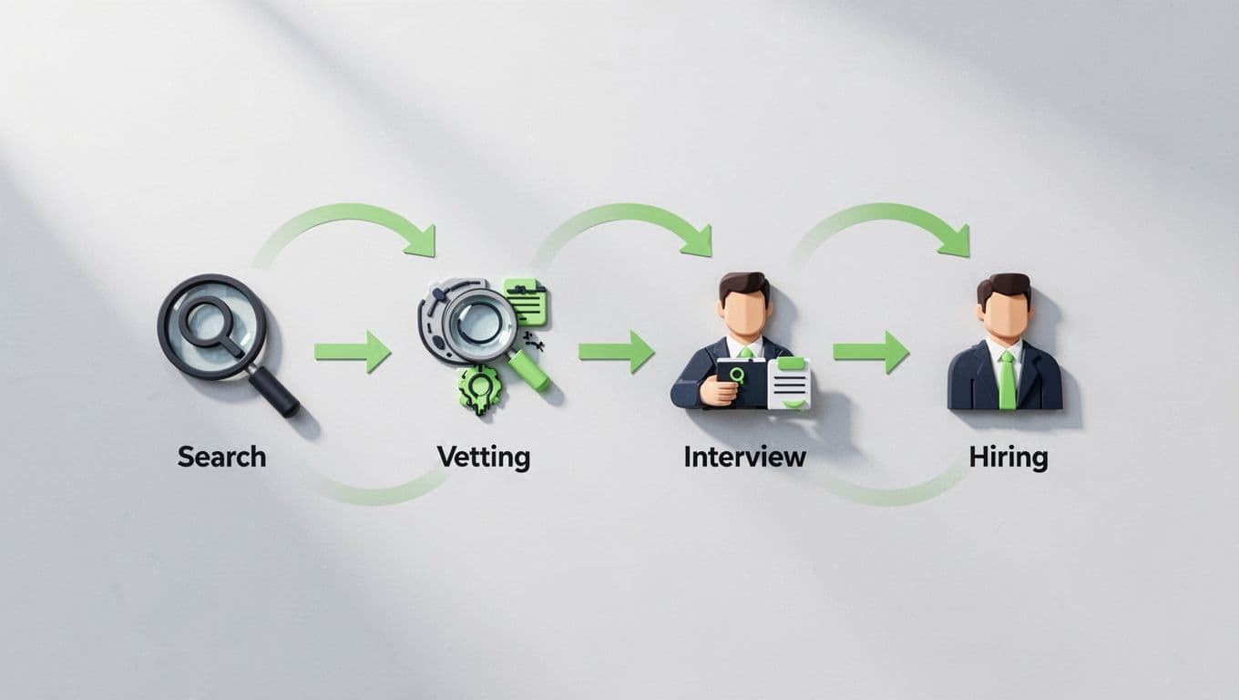 Modern illustration of a four-step hiring process flowchart featuring search, vet, interview, and hire icons connected by arrows on a simple background with green accents.