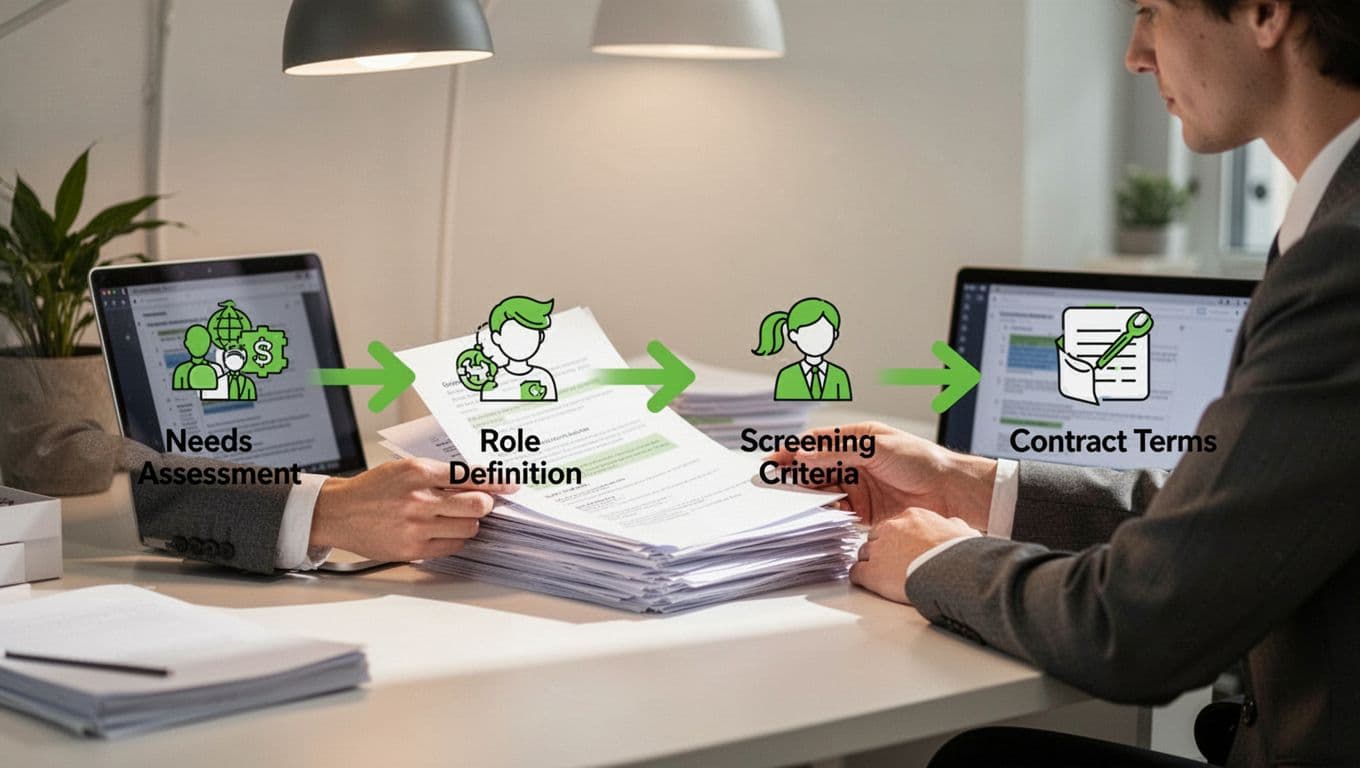 Modern illustration of a step-by-step flowchart for the RFP process, featuring icons for needs assessment, role definition, screening criteria, and contract terms on a simple desk with documents and laptop.