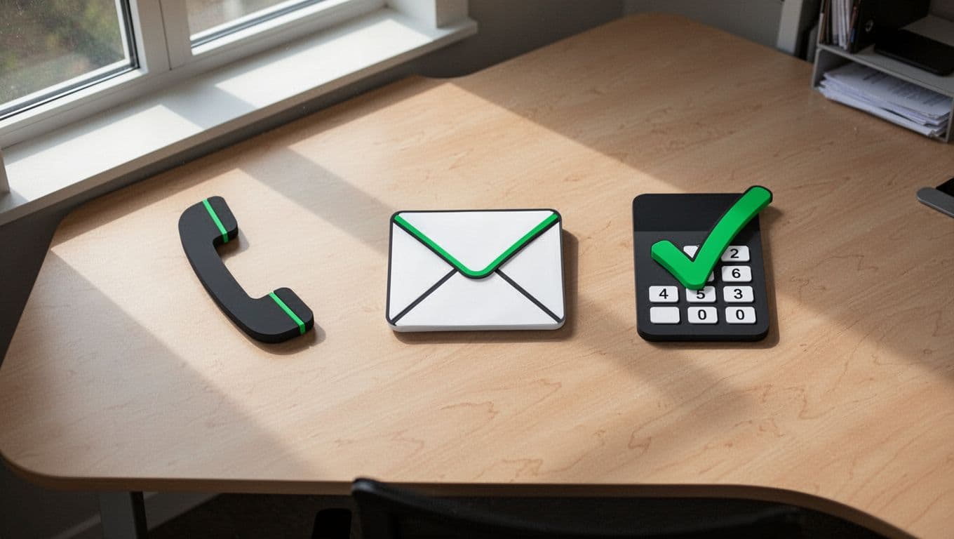 Step-by-step verification process flowchart featuring phone call, sender email check, and known number confirmation icons in sequence on an office desk background. Modern illustration with clean shapes, green accents, top-down view, no text labels, people, or extra elements.