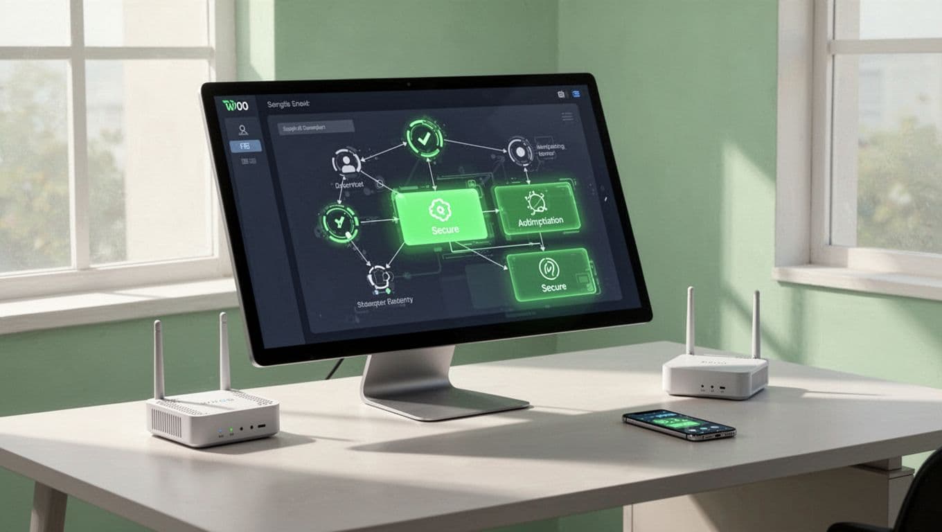 Modern illustration showing step-by-step WiFi router configuration on a screen with secure settings highlighted in green, home desk with router and phone nearby, clean shapes and strong composition.