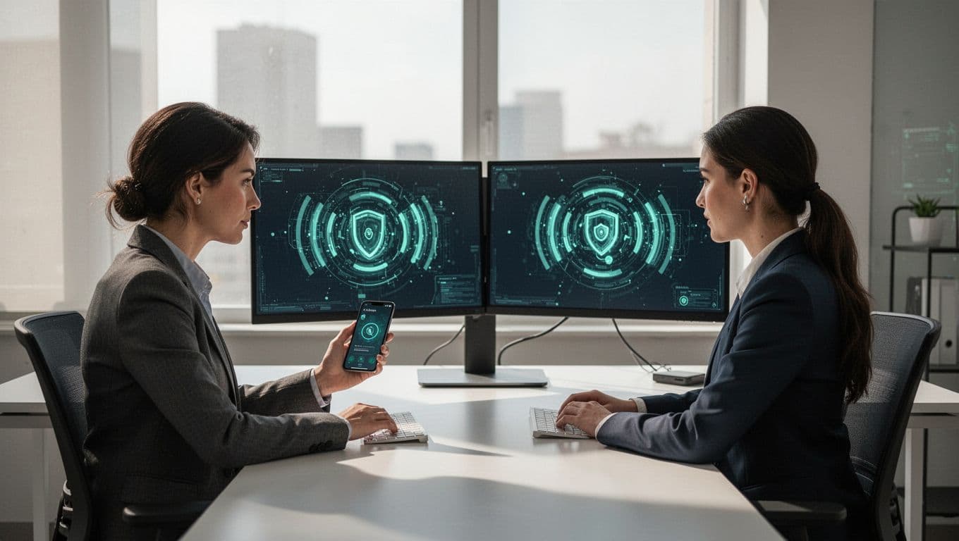 Modern illustration depicting a step-up verification for password reset, with a user on a phone call and an agent at an office desk checking risk signals on screens.