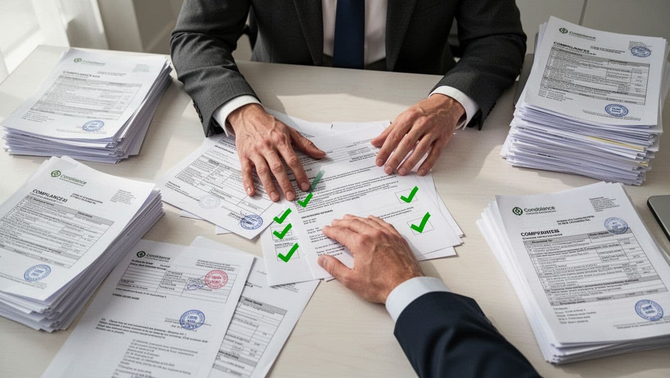 Modern overhead illustration of a business professional reviewing compliance checklists and audit documents on a desk, featuring green checkmarks, stamps, clean shapes, and soft office lighting.