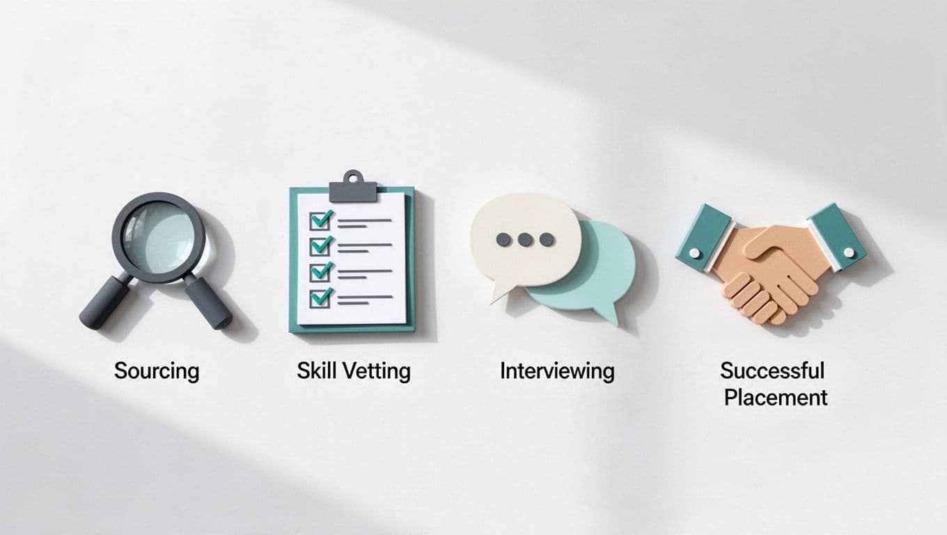 Modern illustration with clean shapes and #22C55E accents showing symbolic icons of hiring steps: sourcing candidates, vetting skills, interviewing, and placement success via handshake in horizontal flow on light background.