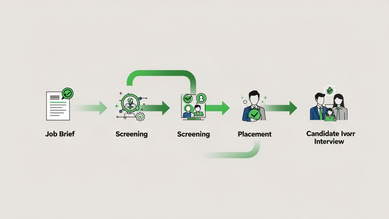 Modern illustration of a hiring process flowchart from job brief to candidate interview, featuring icons for screening and placement on a neutral background with green accent arrows.
