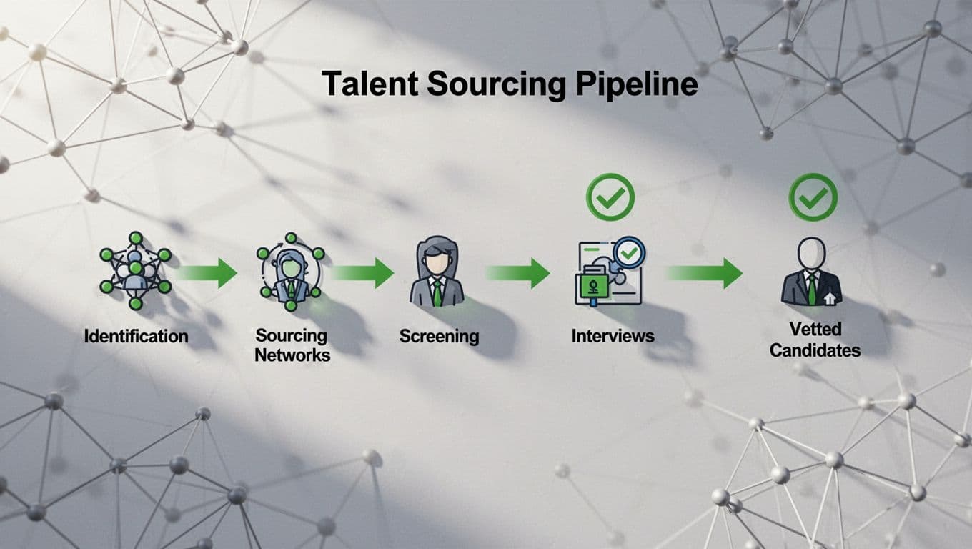 Modern illustration flowchart of talent sourcing process from identification to vetted candidates pipeline, with icons for sourcing networks, screening, and interviews on a connected secure network nodes background.