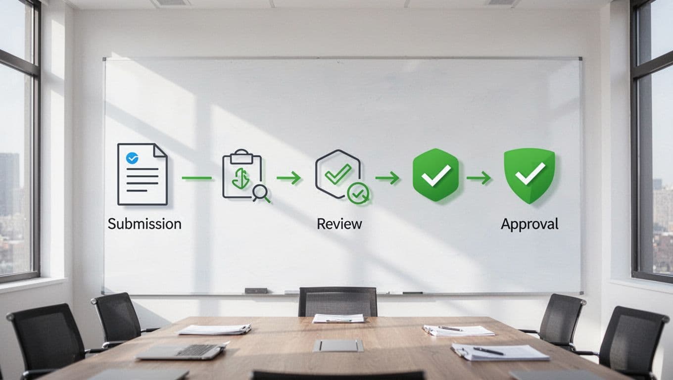 Modern illustration of a flowchart on a whiteboard in a meeting room, showing vendor application steps: submit documents, review, and approve, with simple icons connected by green arrows.