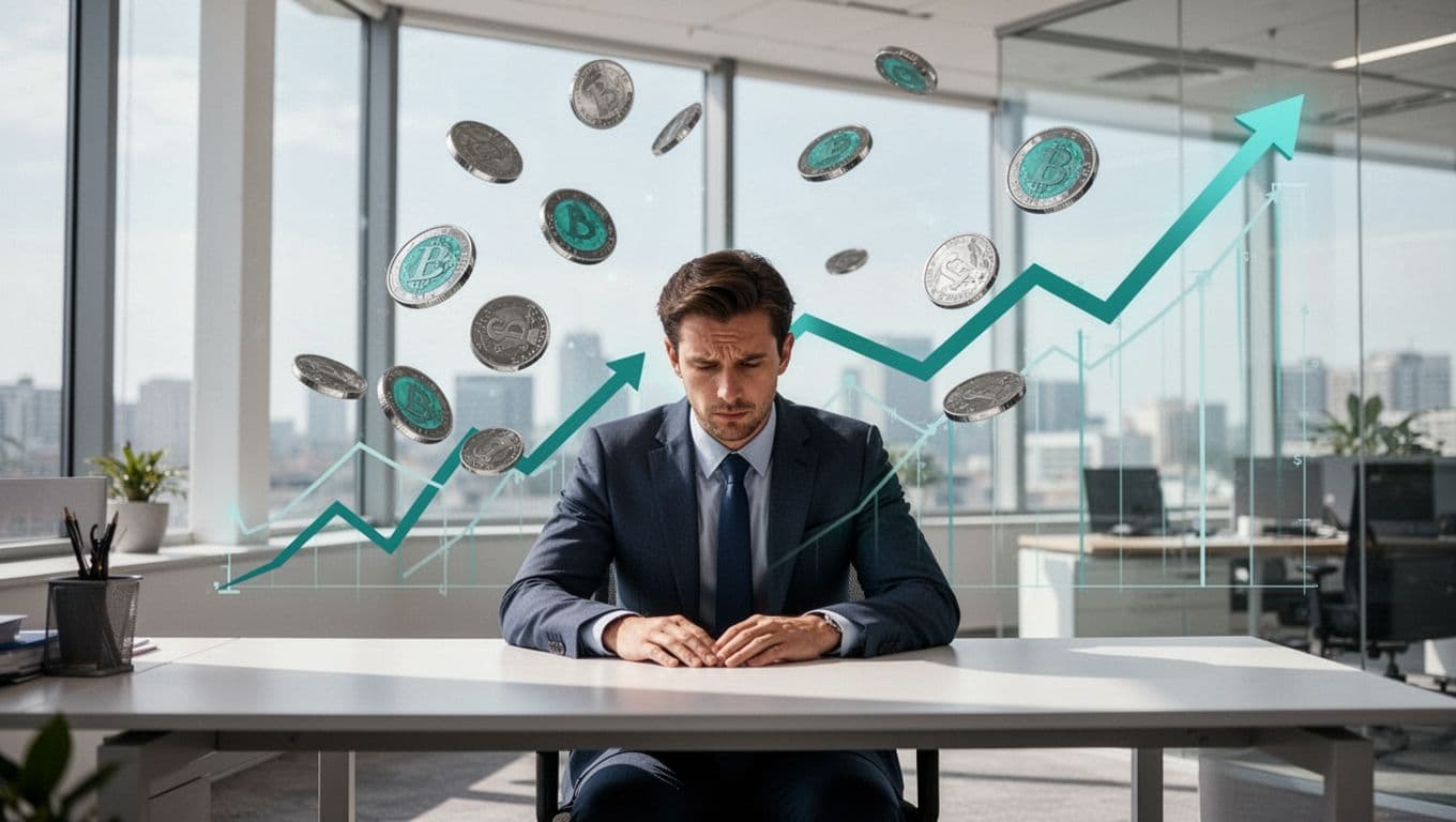 A stressed business professional sits at a desk in a modern office, surrounded by falling coins and downward-trending graphs illustrating financial losses from a bad hire. Modern illustration in landscape composition with clean shapes, controlled colors, strong composition, and natural lighting.