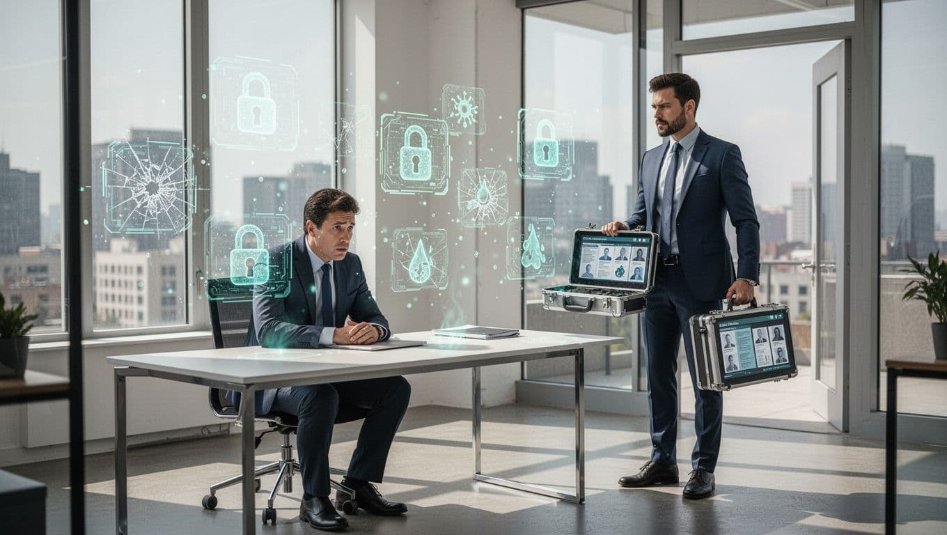 Modern illustration of a stressed CEO at an office desk surrounded by holographic cyber threat icons like breaking locks and data leaks, as a confident CISO headhunter enters holding a briefcase of talent profiles.