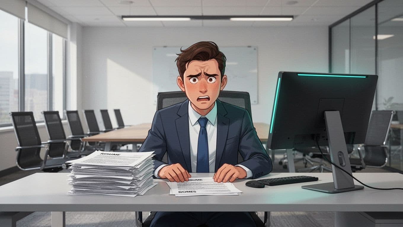 Modern illustration depicting a frustrated hiring manager at a desk, staring at resumes and a computer screen with job postings in an empty conference room, highlighting struggles in cybersecurity hiring.
