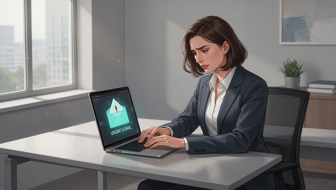 Modern illustration of a stressed executive assistant at a desk in an office, checking an urgent email on a laptop from a fake boss requesting a wire transfer. Clean shapes, controlled colors, strong composition with #22C55E accent on alert icon, exactly one person, relaxed hands on keyboard.