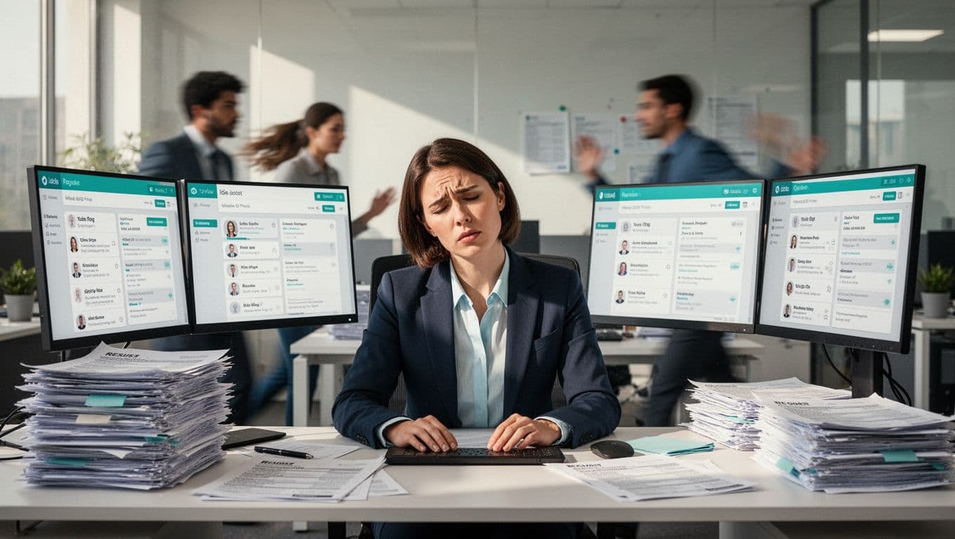 Modern illustration of a frustrated HR manager at a cluttered desk piled with resumes, multiple screens displaying job boards, and a small rushing team in the office background, using clean shapes and a green-accented palette.