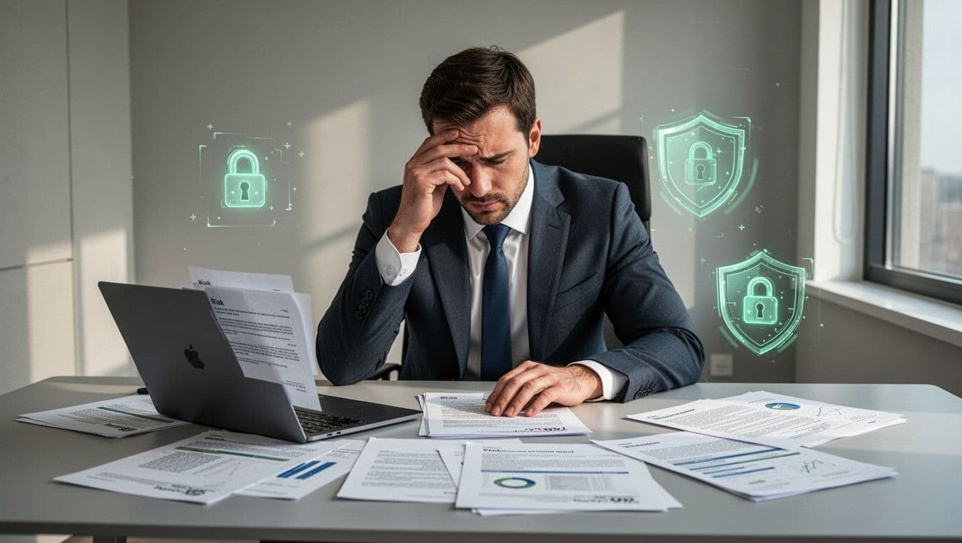 Modern illustration of a stressed risk manager at an office desk reviewing vendor contracts and risk reports on a laptop and papers, with subtle risk icons and soft lighting.