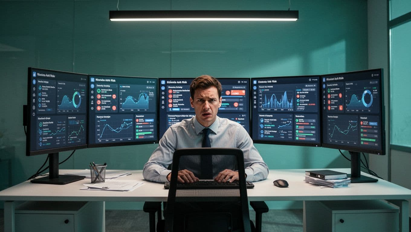 Modern illustration of a security team member in an office at a desk with multiple screens showing overwhelming alerts and risk dashboards, featuring a stressed yet realistic expression amid piled-up notifications.