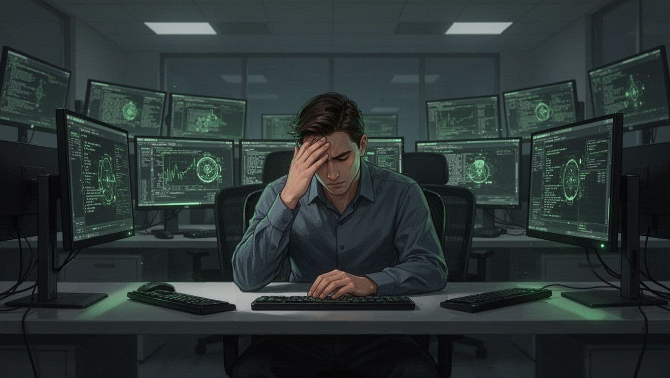 SOC analyst at desk in dim operations center, hand on forehead, surrounded by screens with alert notifications.