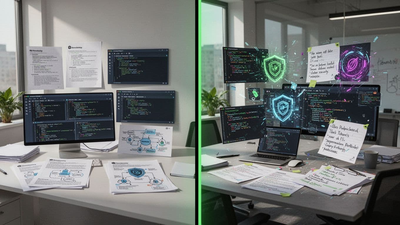Split-scene illustration contrasting a strong left side with organized cybersecurity portfolio elements like detailed reports, GitHub repos, and diagrams against a weak right side with flashy graphics, vague descriptions, and copied code in a modern professional setting.