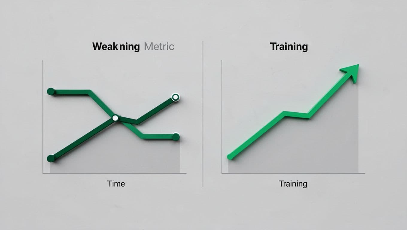 Modern illustration of two side-by-side graphs: left shows a weak metric like dropping training completion percentage over time, right depicts a strong metric like reduced phishing clicks after behavior training.