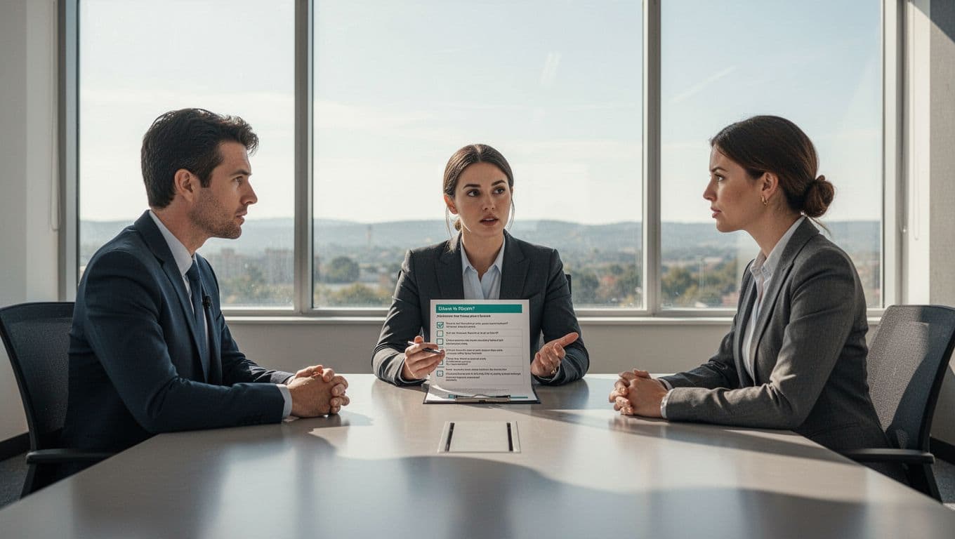 Small team of three in a modern conference room: two interviewers using a structured checklist to question a seated candidate, aligned professional discussion vibe, clean illustration style with controlled colors and natural light.