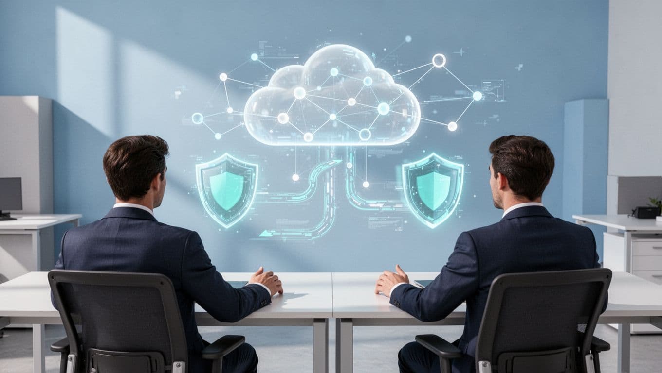 Modern illustration featuring stylized secure cloud infrastructure with protective shields and interconnected nodes, viewed by two security analysts examining holographic projections from behind.