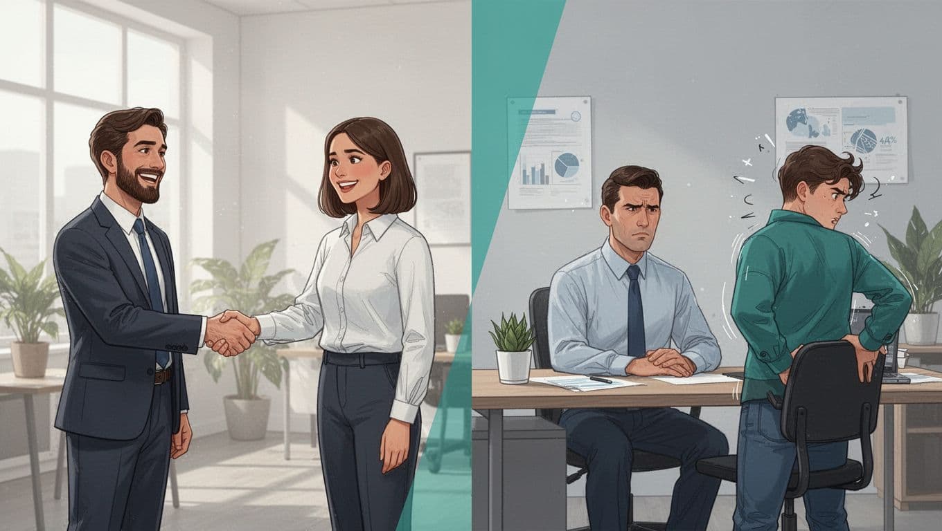 Modern split-composition illustration contrasting a successful office hire with smiling handshake on the left against a frustrated manager and mismatched worker on the right, using clean shapes, controlled colors, strong contrast, and green accents on positive elements.