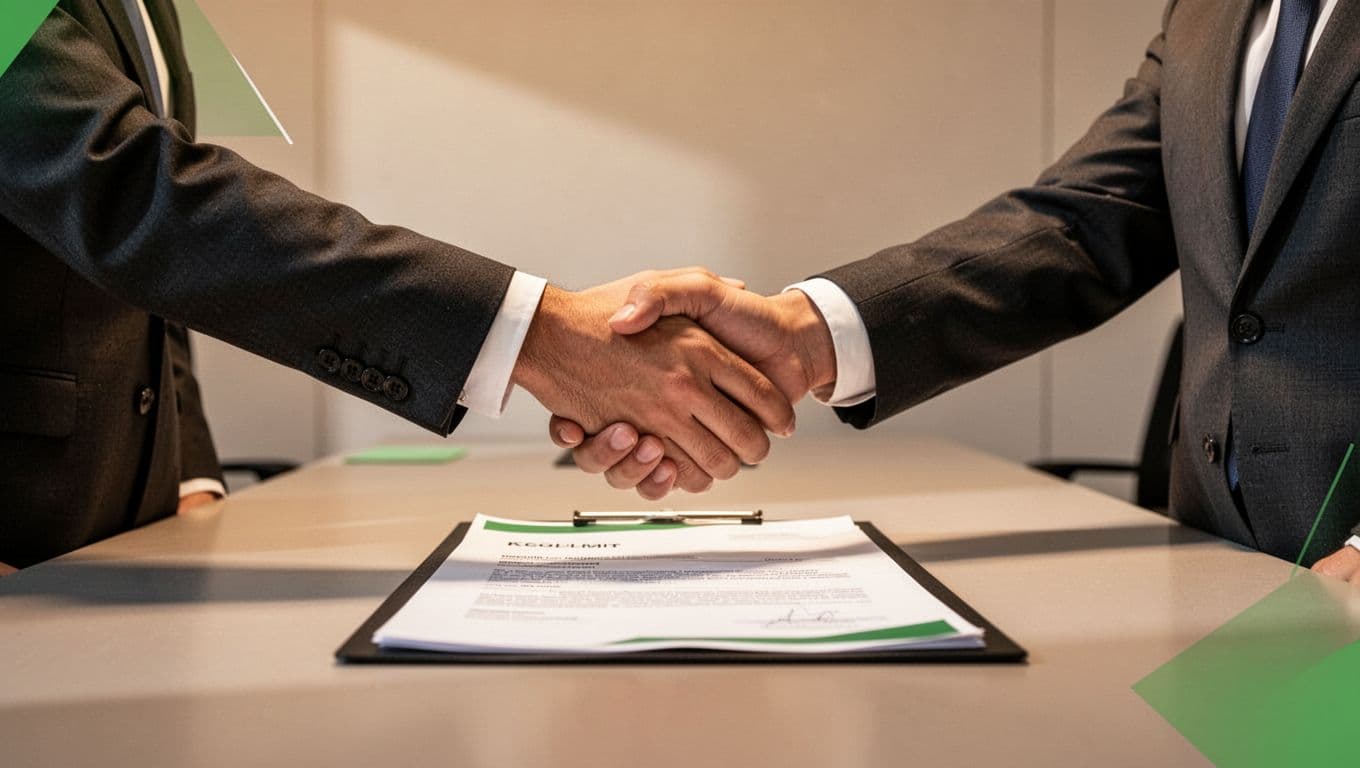 Modern illustration of two professionals shaking hands over a contract in a meeting room, symbolizing successful negotiation with balanced composition, clean shapes, and warm professional lighting.