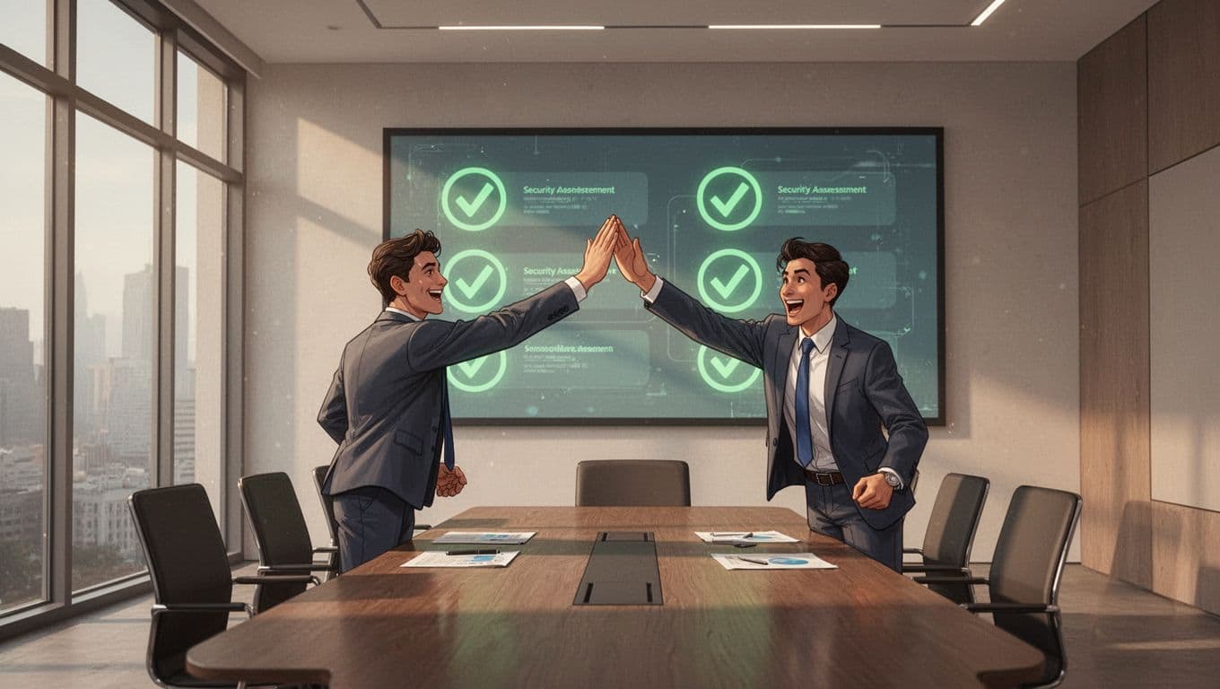 Modern illustration of three business professionals in a boardroom high-fiving casually over successful penetration test results, with green checkmarks on the screen and dynamic warm lighting.