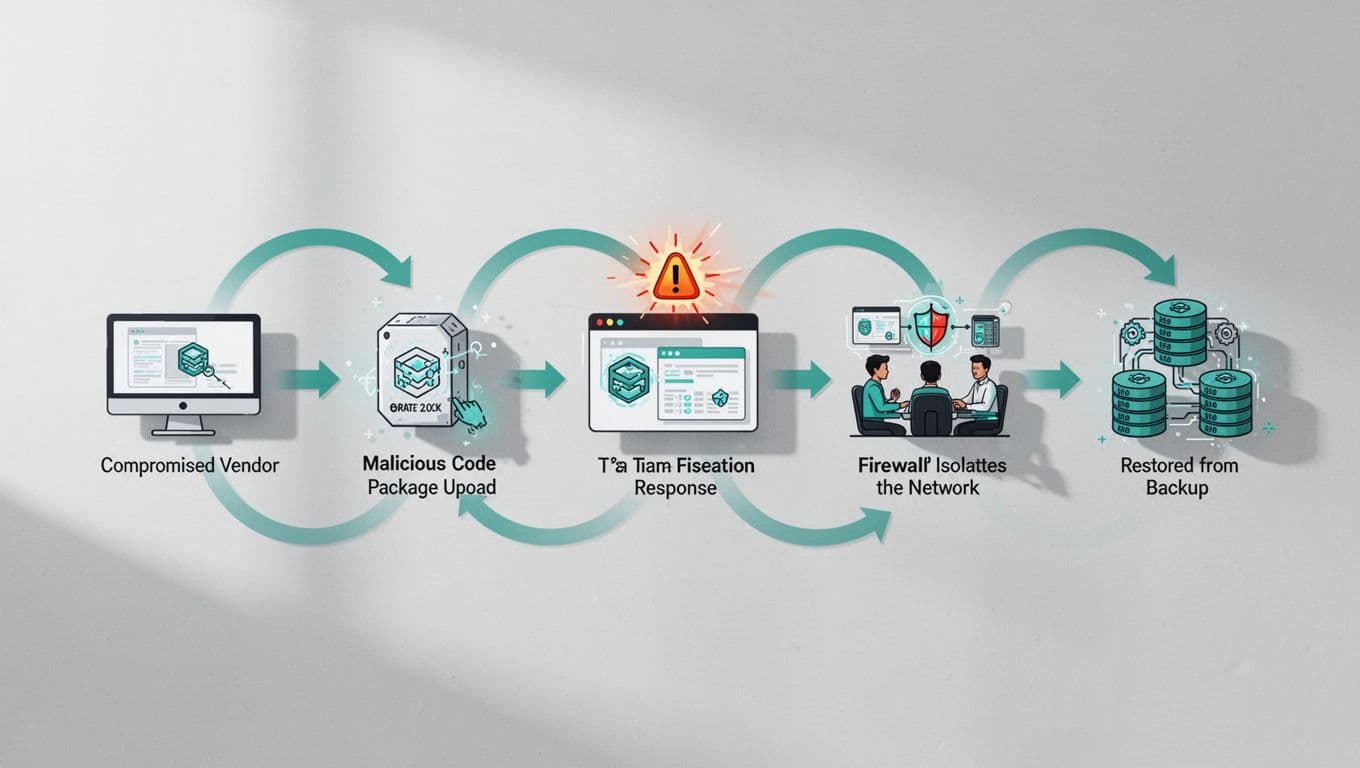 Horizontal timeline icons show sequence from vendor hack to recovery, connected by green curved arrows on minimal background.