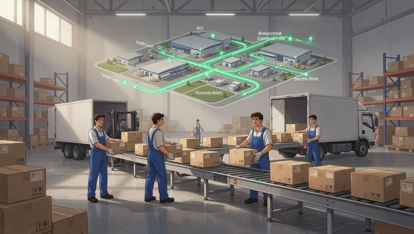 Modern illustration of a logistics warehouse scene with trucks and three workers handling increasing boxes from conveyor belts, background map showing expanding facilities and routes.