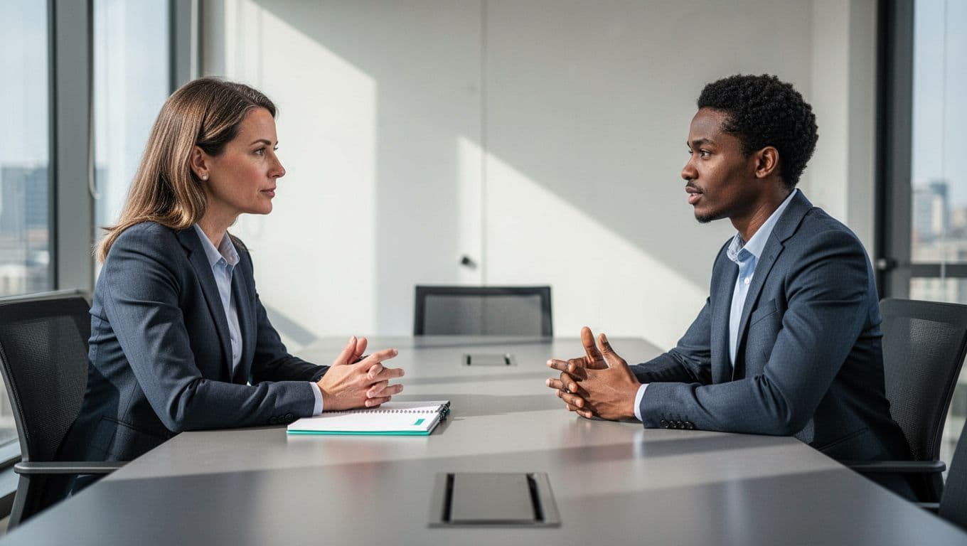 Illustration of five professionals in modern meeting room: panel questions supply chain security specialist candidate.