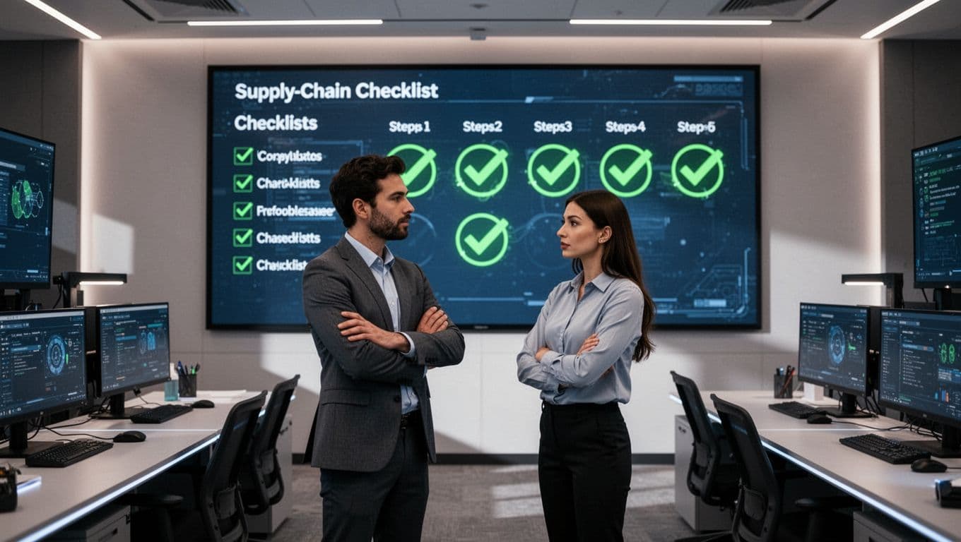 Two analysts in modern SOC review large screen checklist of supply chain exercise steps with green checkmarks.
