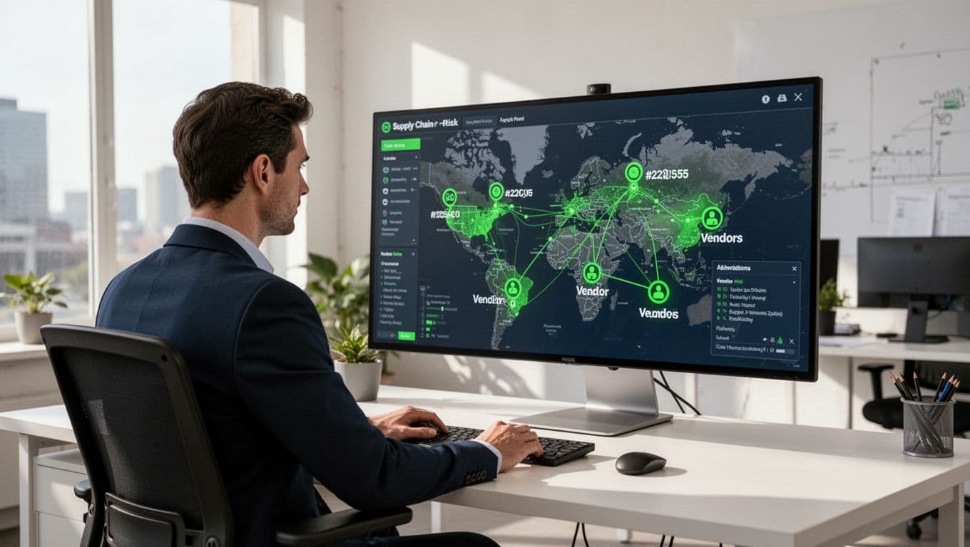 Supply chain security specialist sits at office desk focused on monitor showing supply chain map with highlighted vendor risk nodes.