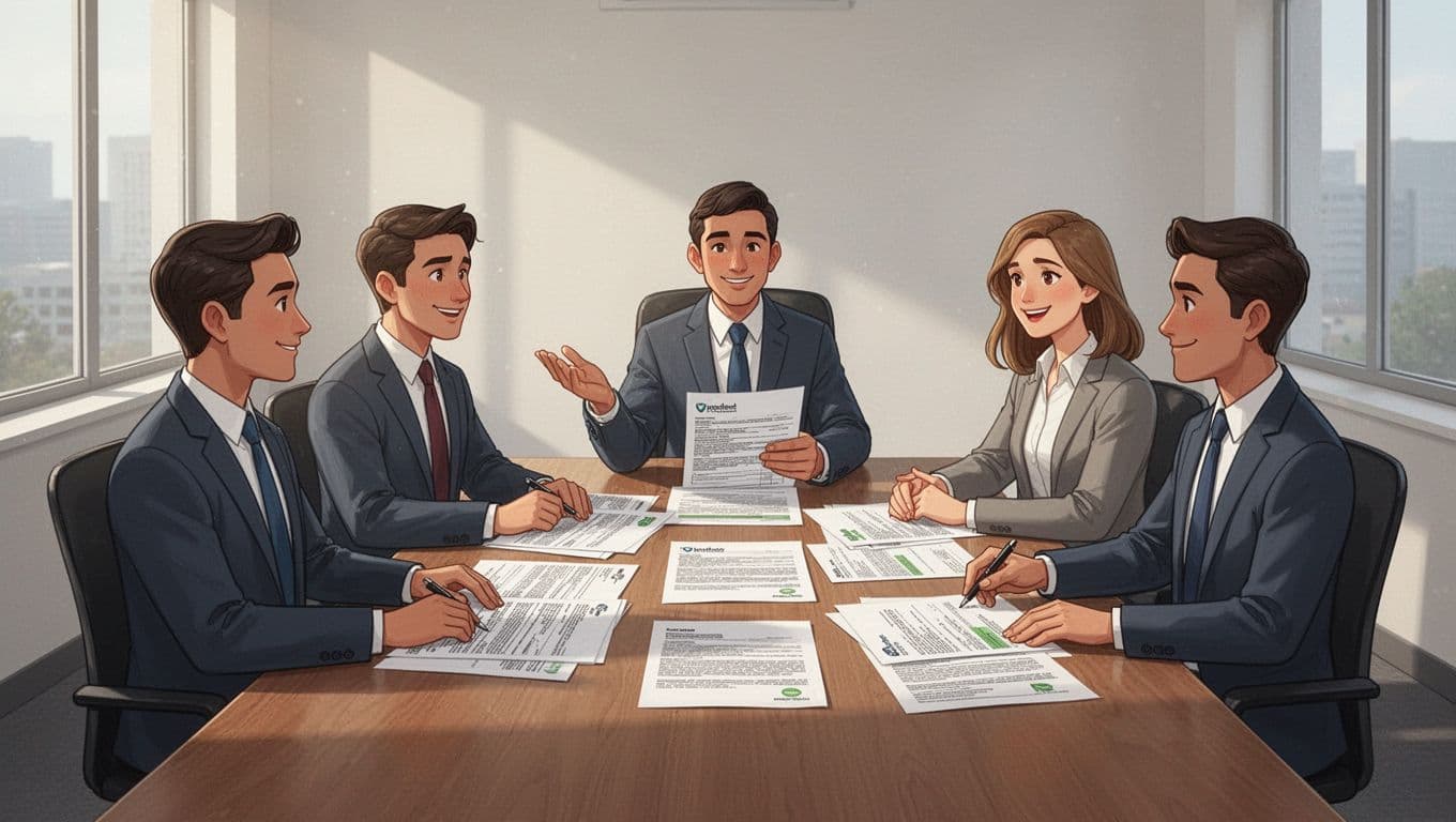 Five professionals discuss vendor contracts around conference table.
