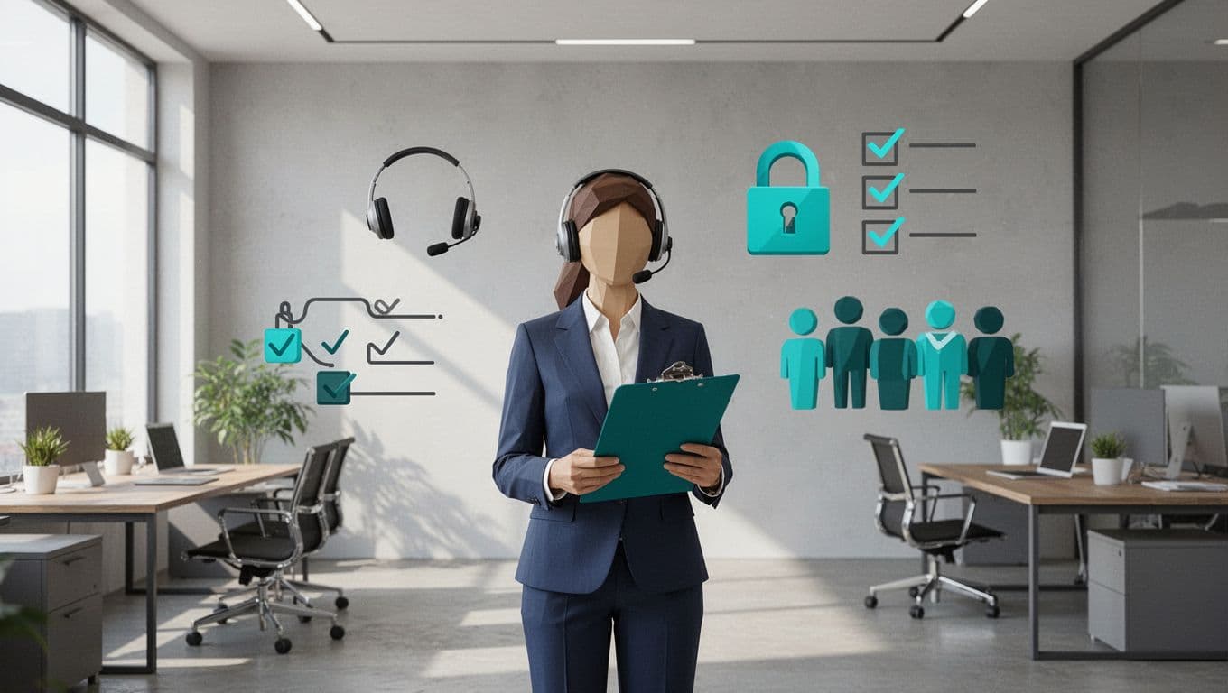 Support manager holds clipboard with green checkmark icons for headset, lock, and group in office.