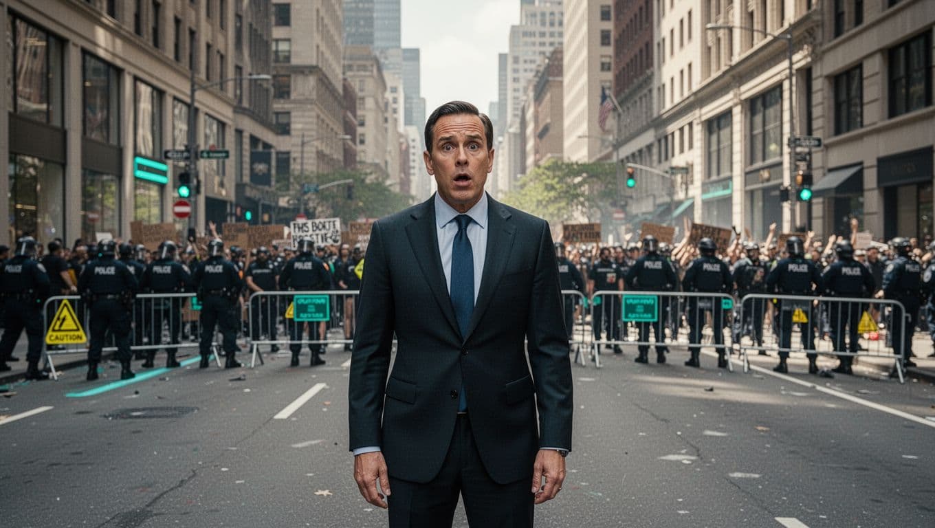 An executive in a business suit appears shocked on an international city street during sudden civil unrest, with distant protesters and police barricades visible in the daytime urban background. Modern illustration in clean shapes with a controlled color palette and strong composition.