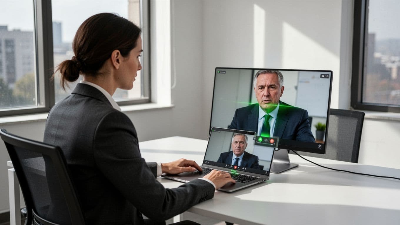 Sales rep at office desk views concernedly a suited executive on laptop screen with odd background.