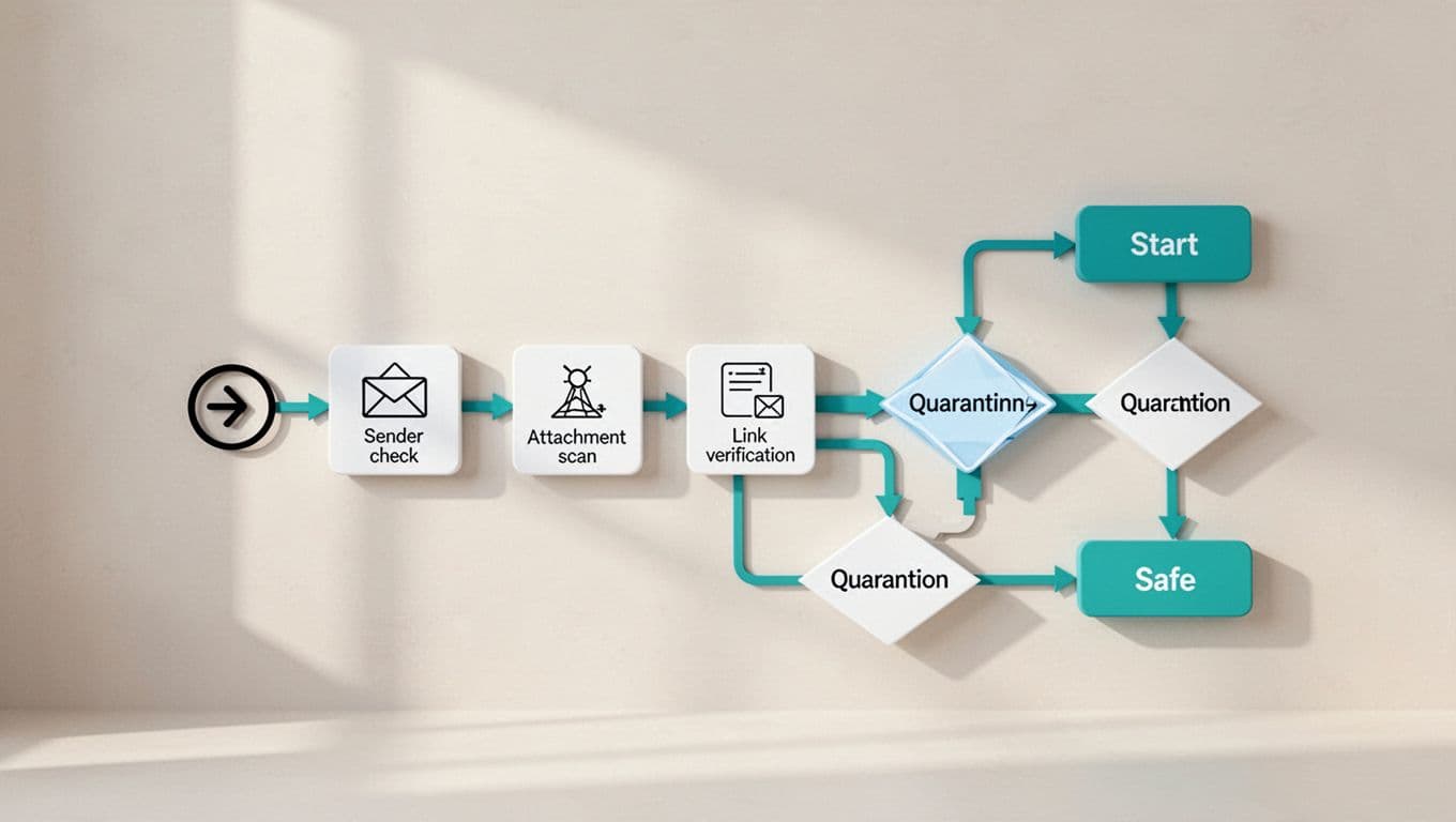 Modern illustration of a simple flowchart for suspicious email triage: start leads to sender check, attachment scan, link verification, then quarantine or safe decisions. Clean shapes with #22C55E accents on arrows, light background, no text or people.