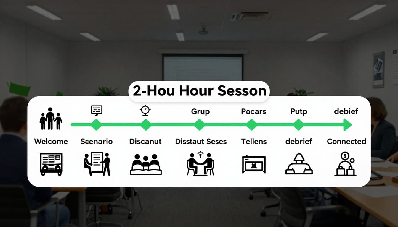 Horizontal timeline illustration of a tabletop exercise agenda flow with icons for welcome, scenario presentation, group discussion, breakout sessions, and debrief, connected by green arrows in a modern clean style.