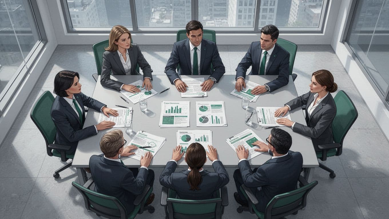 Six professionals in business attire sit around a conference table in a modern office, discussing crisis scenario documents during a tabletop exercise, with focused expressions and charts on the table.