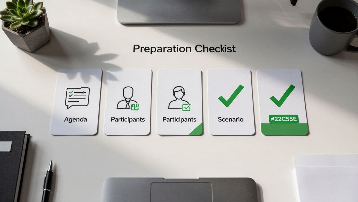 Modern top-down illustration of a checklist on an office table featuring icons for planning steps like agenda, participants, and scenario, with clean shapes, soft lighting, and green checkmark accents.