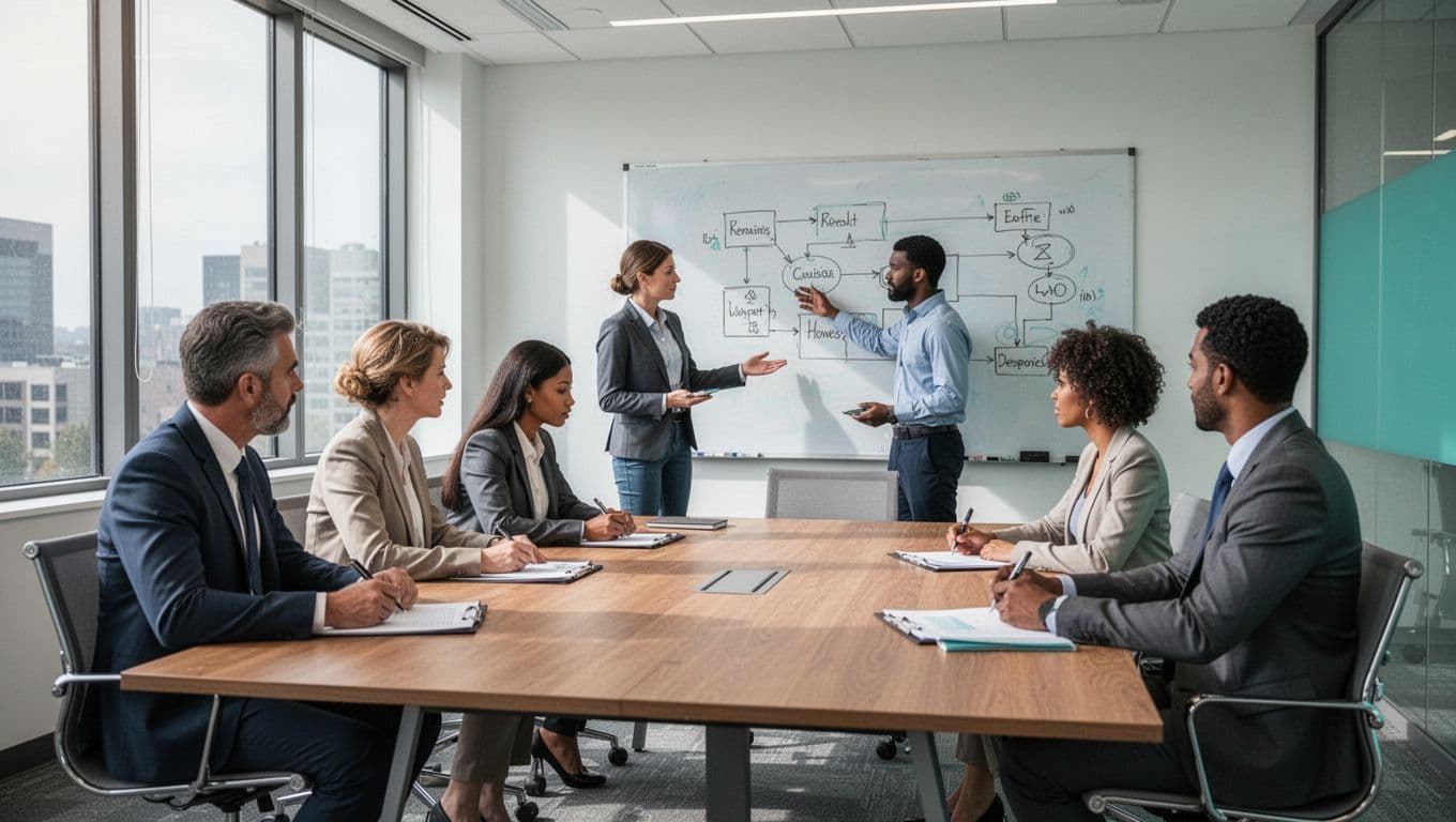 Modern illustration of a diverse group of professionals in a conference room discussing a crisis scenario on a whiteboard, one person points to a diagram of a network attack, others take notes, clean shapes, controlled colors with #22C55E accents on charts, strong composition from side angle, natural lighting, exactly 6 people, no extra humans, no text, no logos, no watermarks.
