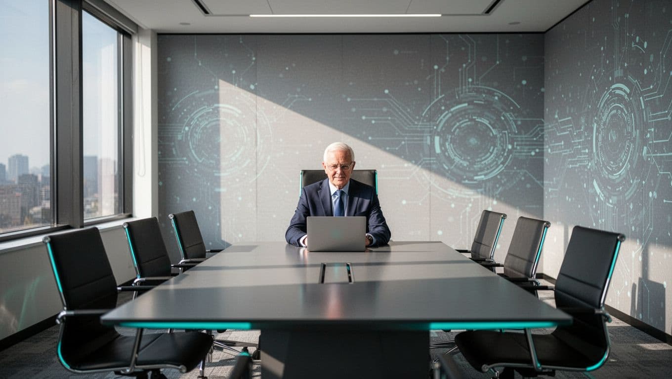 Modern illustration featuring a sleek conference room with empty chairs around a table, a lone senior engineer confidently reviewing a laptop at the head, subtle cybersecurity icons on the walls, emphasizing talent shortage.