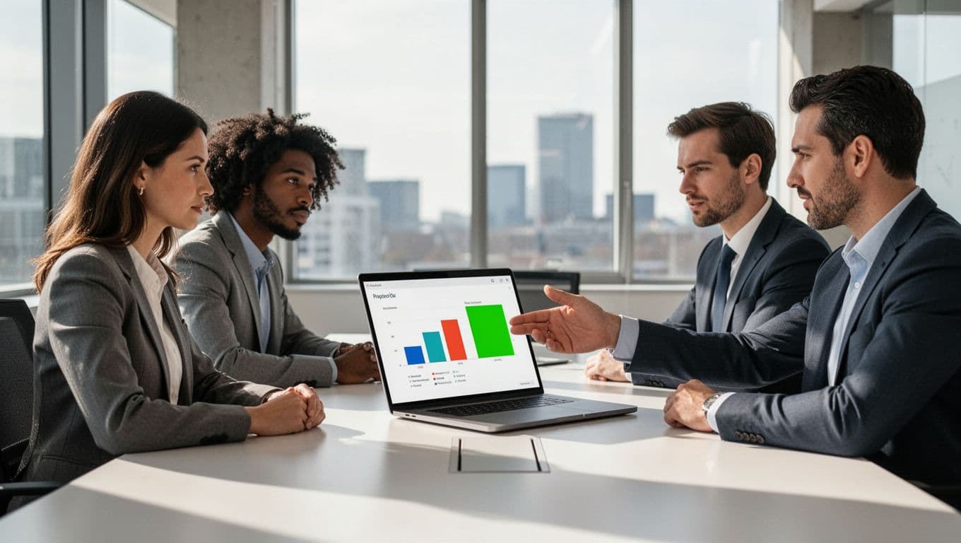 Modern illustration of a diverse team of three professionals (one woman, two men) at a conference table in a modern office, reviewing a digital security control matrix on a shared laptop screen and gesturing to assign owners with accent highlights.
