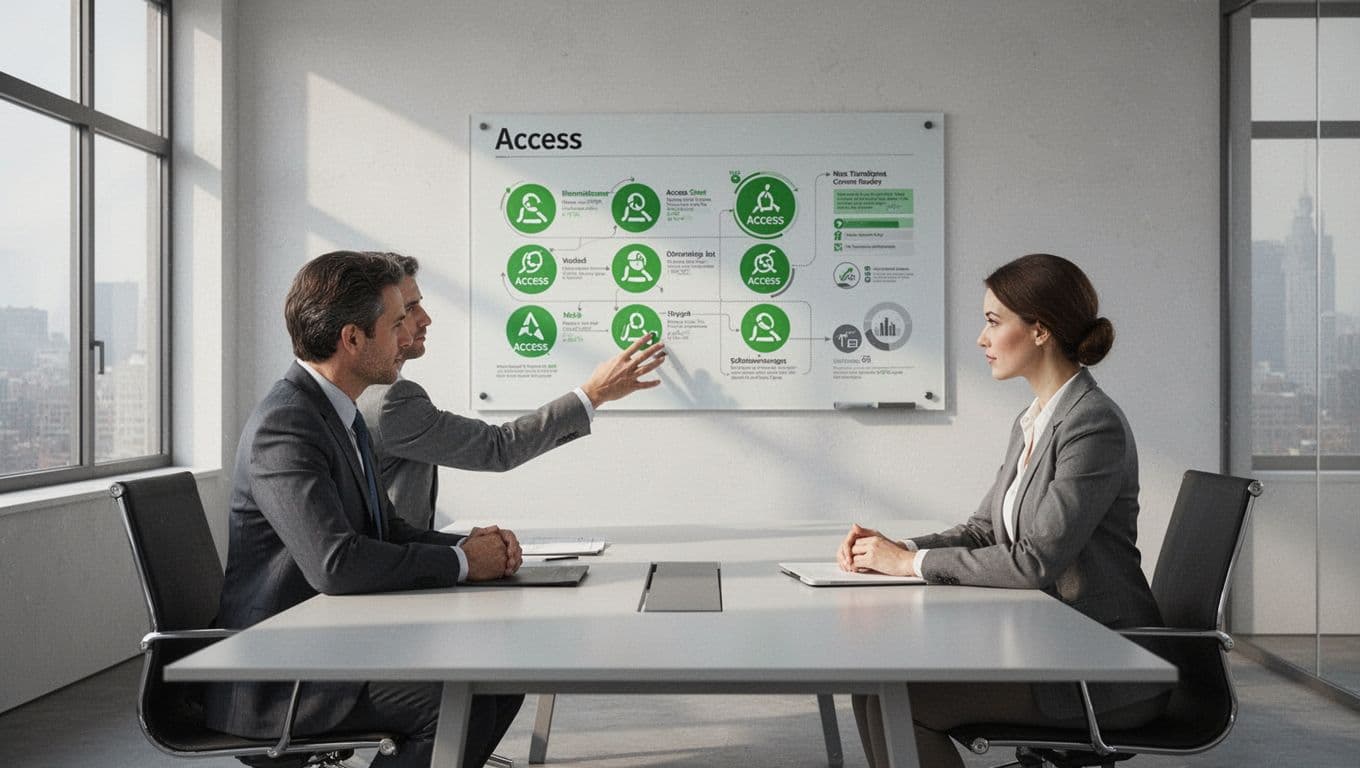 Two people at conference table point at charts with green external access icons on shared screen in simple office.