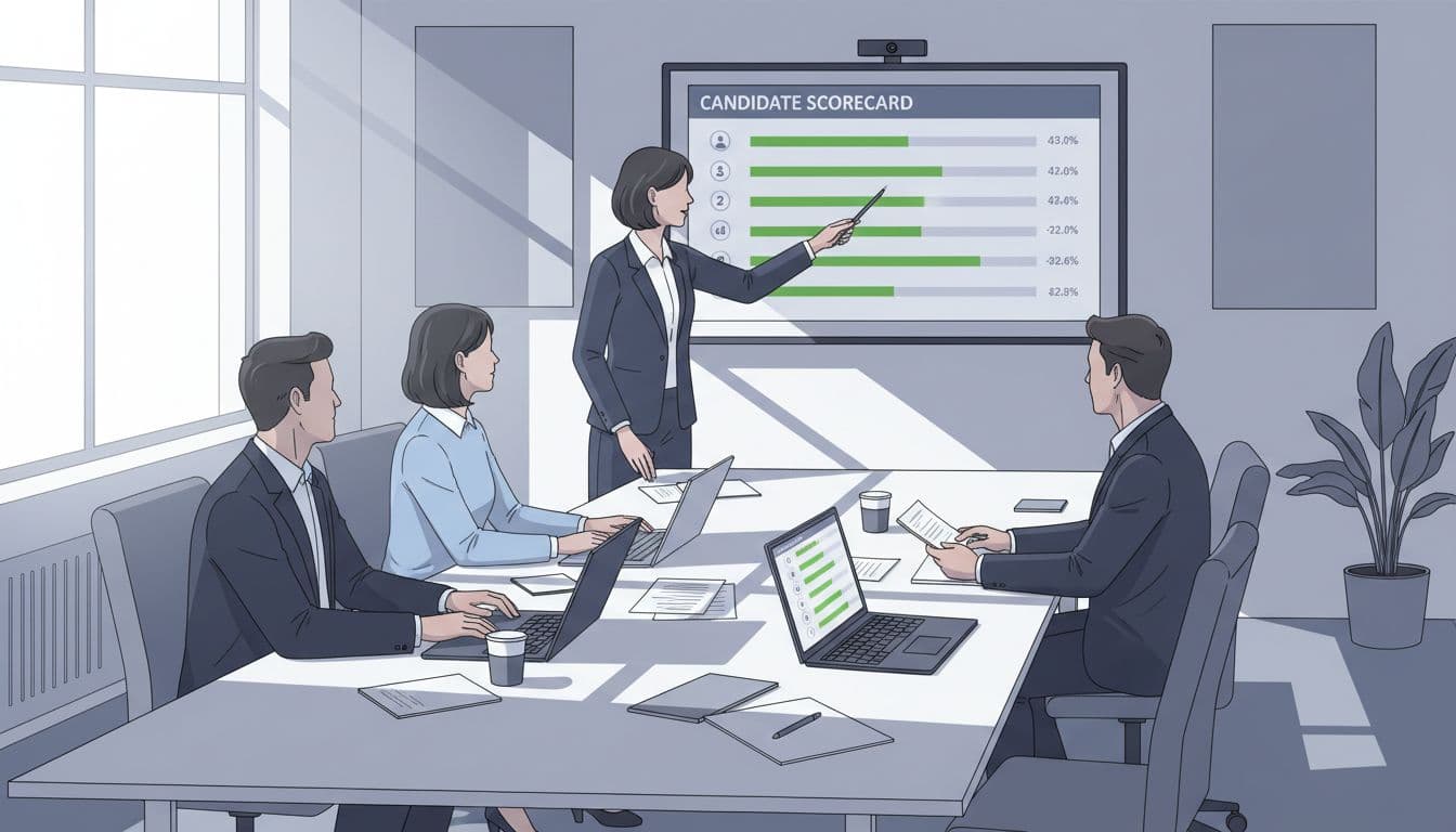 Four professionals around conference table with laptops and papers, one pointing to screen showing candidate scorecard.