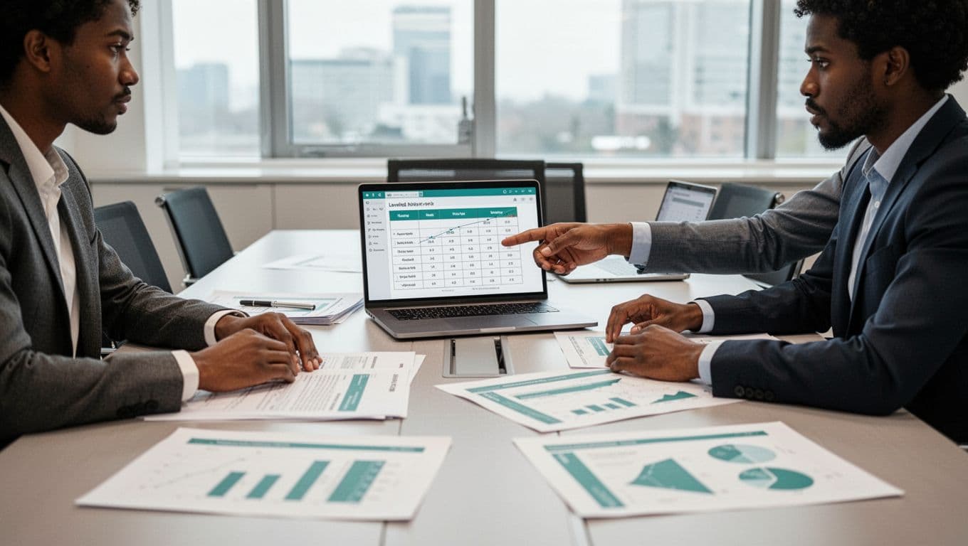 Four diverse professionals discuss documents and charts on table with laptops; one points to leveling matrix on screen.