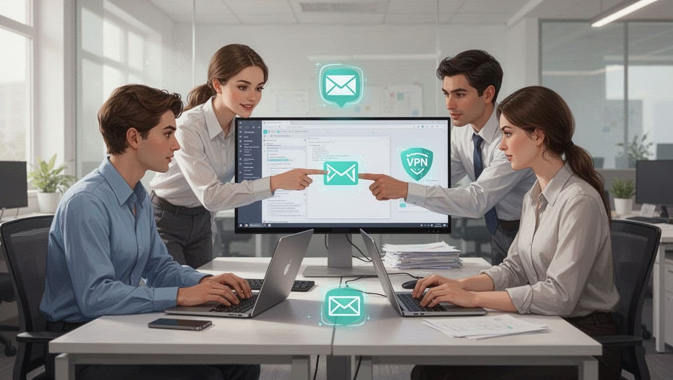 Modern illustration depicting two team members in an office collaborating on laptops, one pointing to a shared screen with access logs. Emphasizes collaboration with clean shapes, green accents on email and VPN icons, and soft lighting.