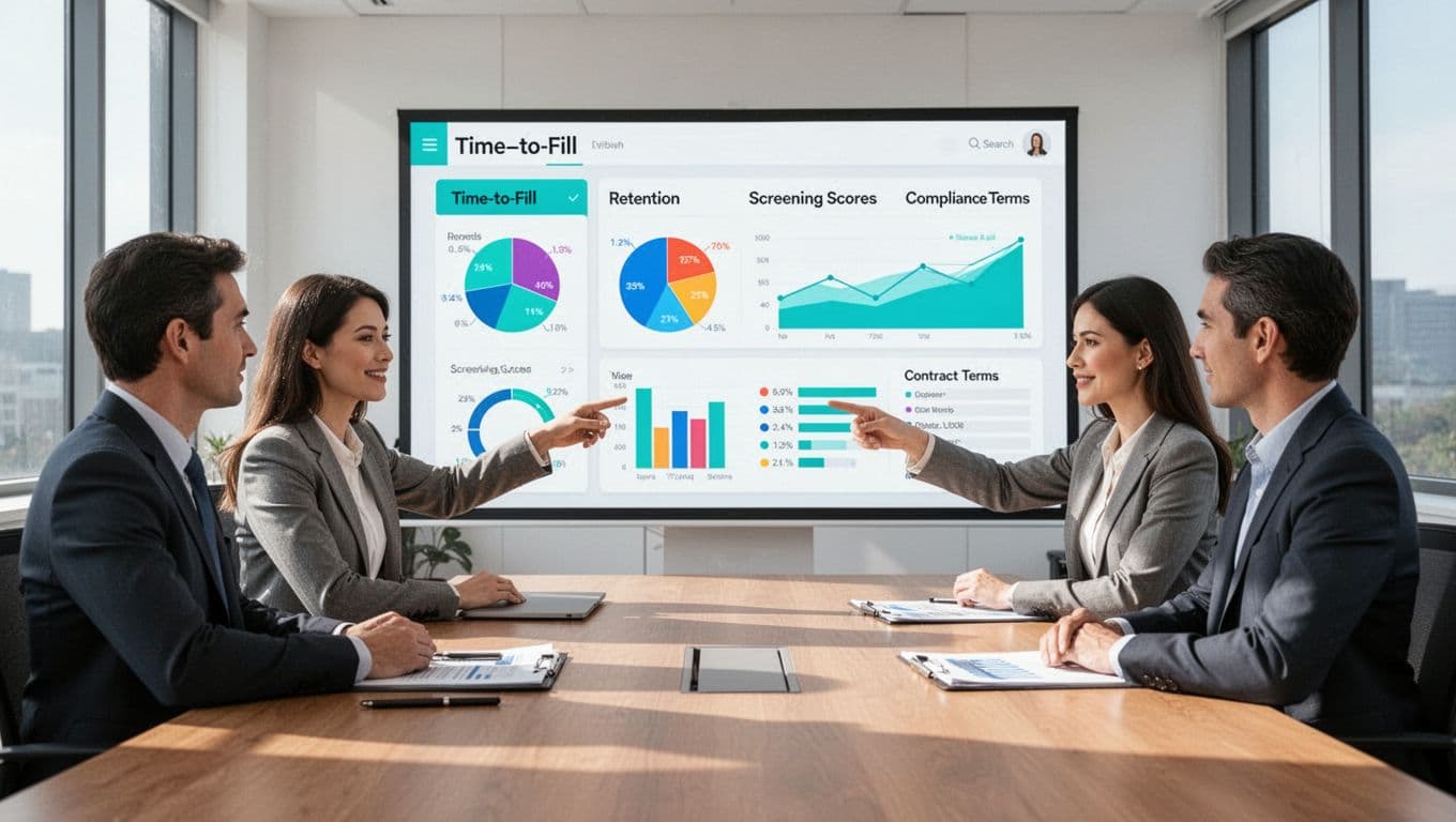 Modern illustration of four professionals in a conference room analyzing key staffing agency metrics like time-to-fill, retention rates, and compliance on a shared dashboard with green accents.