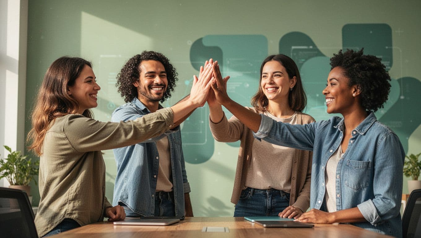 Four diverse employees high-five smiling in casual office with subtle email icons background.